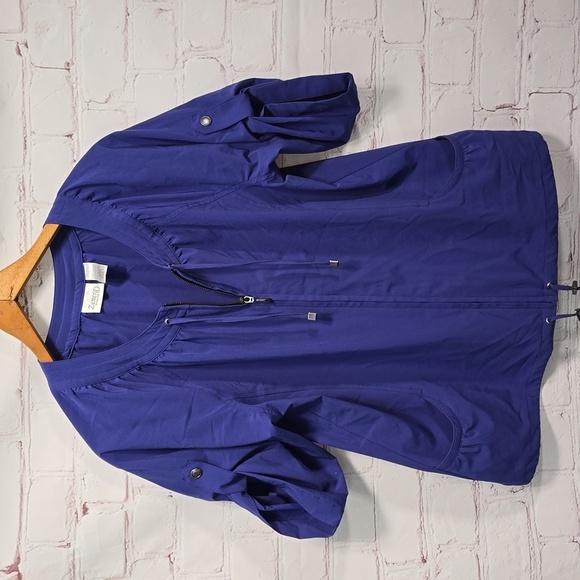 Chicos Zenergy Short Sleeve Full Zip Jacket Roll Tab Drawstring Sz 1 Blue Purple - Picture 1 of 10